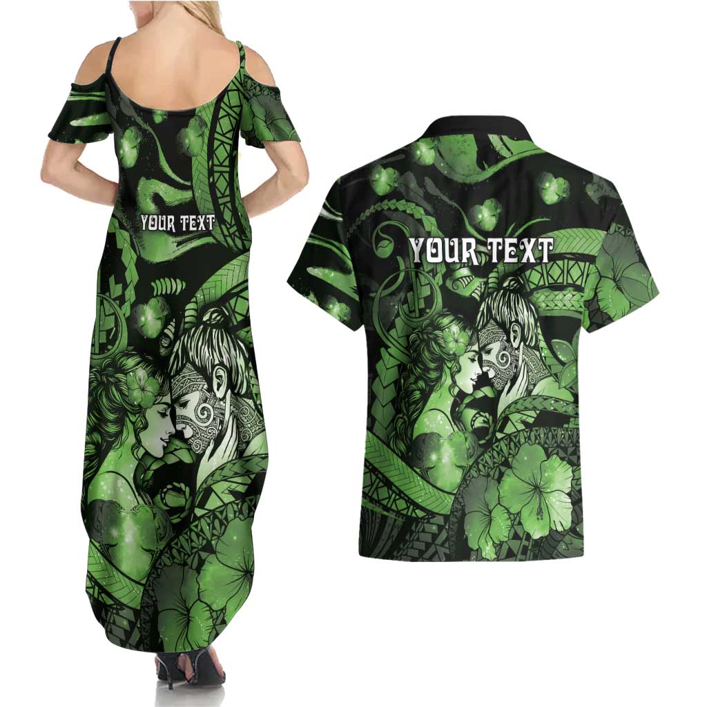 Personalised Maori Romantic Valentine Couples Matching Summer Maxi Dress and Hawaiian Shirt The Hongi Kiss Green Galaxy