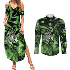 Personalised Maori Romantic Valentine Couples Matching Summer Maxi Dress and Long Sleeve Button Shirt The Hongi Kiss Green Galaxy
