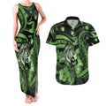 Personalised Maori Romantic Valentine Couples Matching Tank Maxi Dress and Hawaiian Shirt The Hongi Kiss Green Galaxy