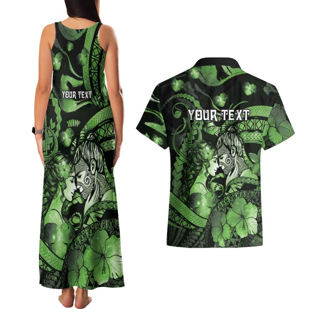 Personalised Maori Romantic Valentine Couples Matching Tank Maxi Dress and Hawaiian Shirt The Hongi Kiss Green Galaxy