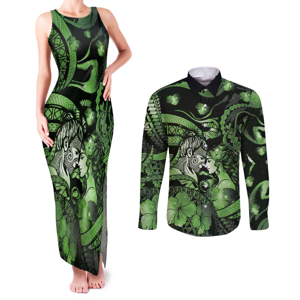Personalised Maori Romantic Valentine Couples Matching Tank Maxi Dress and Long Sleeve Button Shirt The Hongi Kiss Green Galaxy