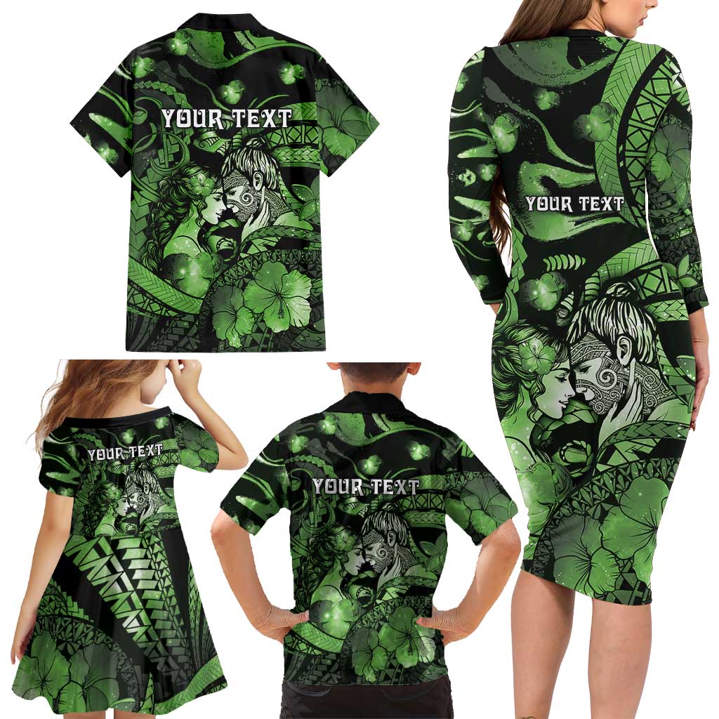 Personalised Maori Romantic Valentine Family Matching Long Sleeve Bodycon Dress and Hawaiian Shirt The Hongi Kiss Green Galaxy