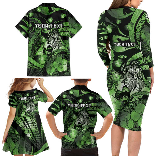 Personalised Maori Romantic Valentine Family Matching Long Sleeve Bodycon Dress and Hawaiian Shirt The Hongi Kiss Green Galaxy
