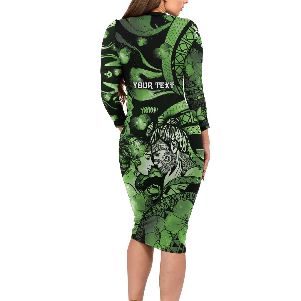 Personalised Maori Romantic Valentine Family Matching Long Sleeve Bodycon Dress and Hawaiian Shirt The Hongi Kiss Green Galaxy