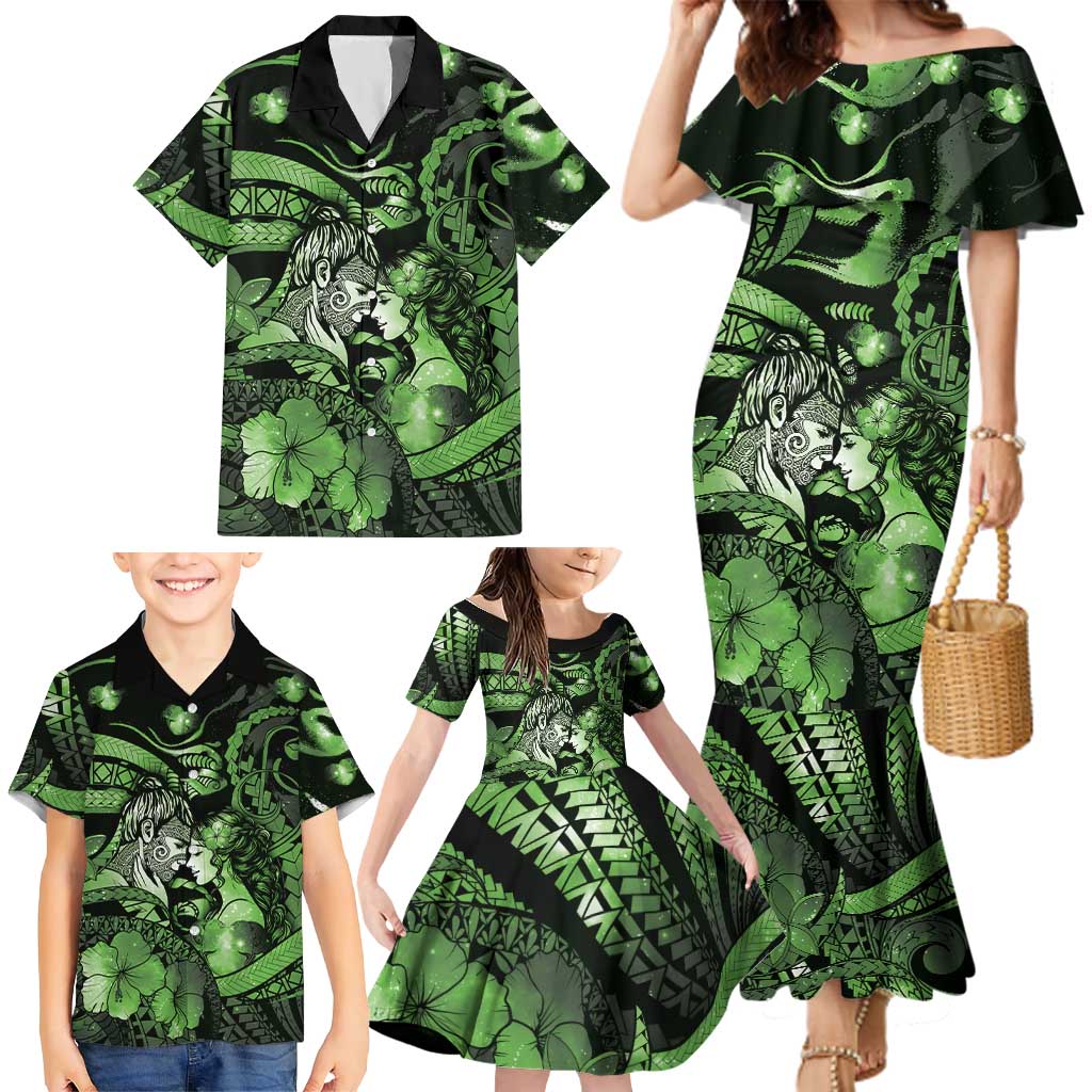 Personalised Maori Romantic Valentine Family Matching Mermaid Dress and Hawaiian Shirt The Hongi Kiss Green Galaxy