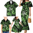 Personalised Maori Romantic Valentine Family Matching Mermaid Dress and Hawaiian Shirt The Hongi Kiss Green Galaxy