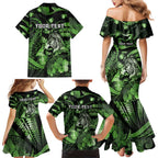 Personalised Maori Romantic Valentine Family Matching Mermaid Dress and Hawaiian Shirt The Hongi Kiss Green Galaxy