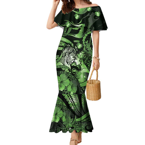 Personalised Maori Romantic Valentine Family Matching Mermaid Dress and Hawaiian Shirt The Hongi Kiss Green Galaxy