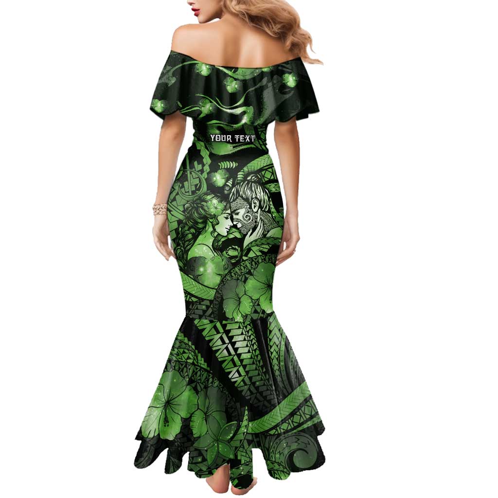 Personalised Maori Romantic Valentine Family Matching Mermaid Dress and Hawaiian Shirt The Hongi Kiss Green Galaxy