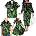 Personalised Maori Romantic Valentine Family Matching Off The Shoulder Long Sleeve Dress and Hawaiian Shirt The Hongi Kiss Green Galaxy