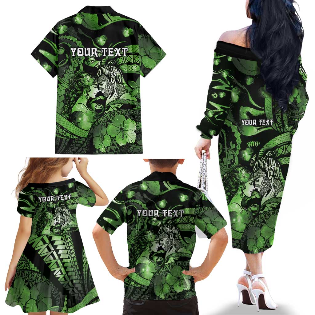 Personalised Maori Romantic Valentine Family Matching Off The Shoulder Long Sleeve Dress and Hawaiian Shirt The Hongi Kiss Green Galaxy