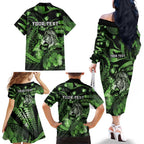 Personalised Maori Romantic Valentine Family Matching Off The Shoulder Long Sleeve Dress and Hawaiian Shirt The Hongi Kiss Green Galaxy