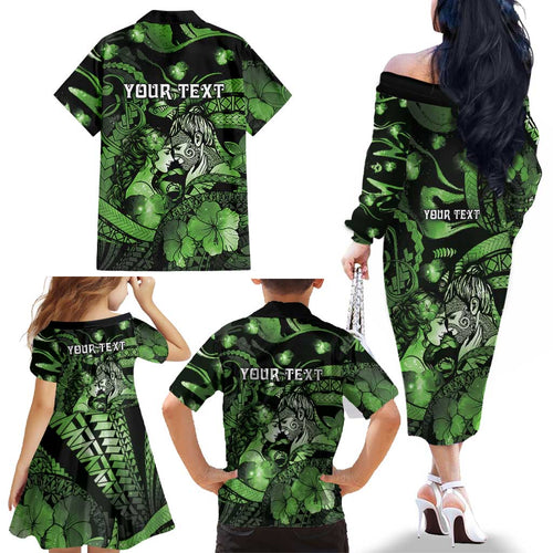 Personalised Maori Romantic Valentine Family Matching Off The Shoulder Long Sleeve Dress and Hawaiian Shirt The Hongi Kiss Green Galaxy