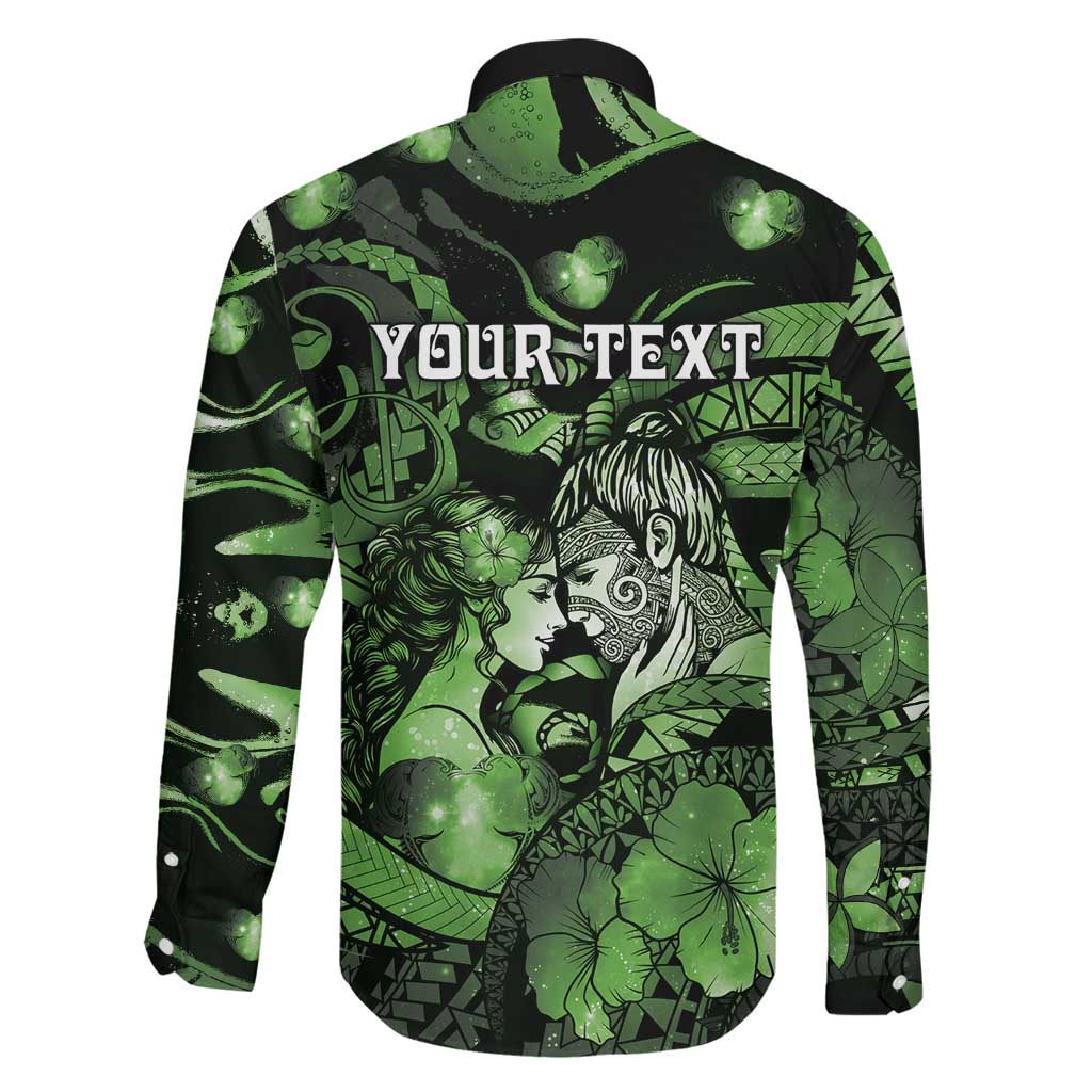 Personalised Maori Romantic Valentine Family Matching Off The Shoulder Long Sleeve Dress and Hawaiian Shirt The Hongi Kiss Green Galaxy