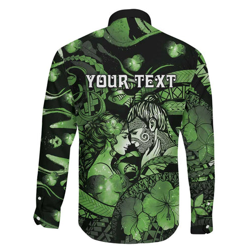 Personalised Maori Romantic Valentine Family Matching Off The Shoulder Long Sleeve Dress and Hawaiian Shirt The Hongi Kiss Green Galaxy