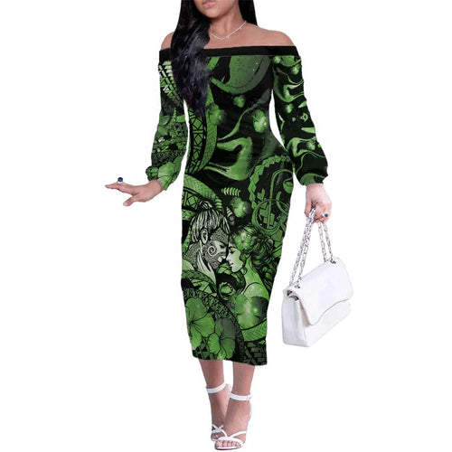 Personalised Maori Romantic Valentine Family Matching Off The Shoulder Long Sleeve Dress and Hawaiian Shirt The Hongi Kiss Green Galaxy