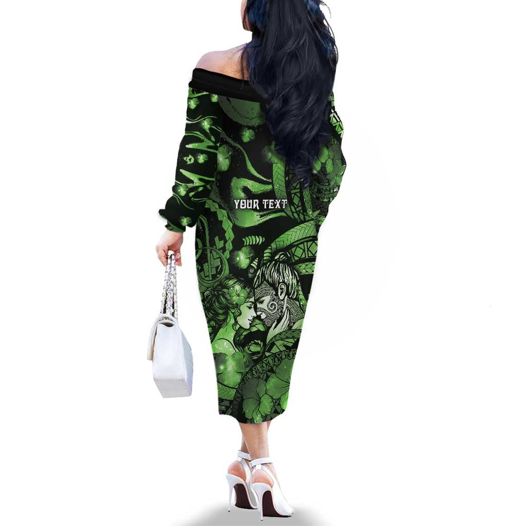 Personalised Maori Romantic Valentine Family Matching Off The Shoulder Long Sleeve Dress and Hawaiian Shirt The Hongi Kiss Green Galaxy