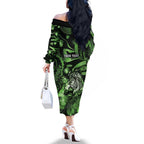 Personalised Maori Romantic Valentine Family Matching Off The Shoulder Long Sleeve Dress and Hawaiian Shirt The Hongi Kiss Green Galaxy