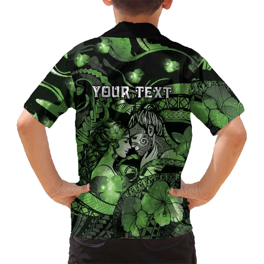 Personalised Maori Romantic Valentine Family Matching Off Shoulder Maxi Dress and Hawaiian Shirt The Hongi Kiss Green Galaxy