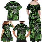 Personalised Maori Romantic Valentine Family Matching Off Shoulder Maxi Dress and Hawaiian Shirt The Hongi Kiss Green Galaxy