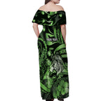Personalised Maori Romantic Valentine Family Matching Off Shoulder Maxi Dress and Hawaiian Shirt The Hongi Kiss Green Galaxy