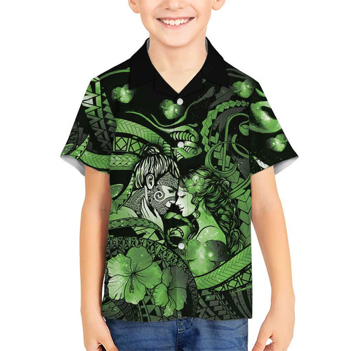 Personalised Maori Romantic Valentine Family Matching Off Shoulder Maxi Dress and Hawaiian Shirt The Hongi Kiss Green Galaxy