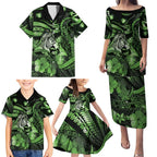 Personalised Maori Romantic Valentine Family Matching Puletasi and Hawaiian Shirt The Hongi Kiss Green Galaxy