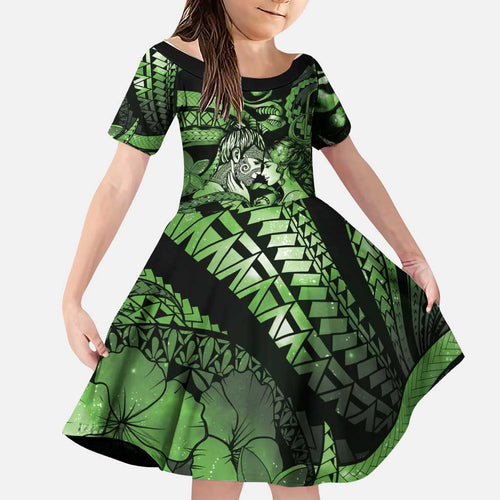 Personalised Maori Romantic Valentine Family Matching Puletasi and Hawaiian Shirt The Hongi Kiss Green Galaxy