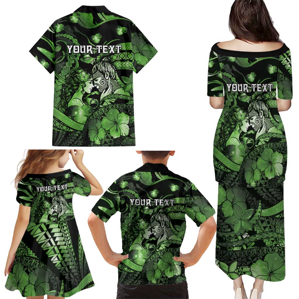 Personalised Maori Romantic Valentine Family Matching Puletasi and Hawaiian Shirt The Hongi Kiss Green Galaxy