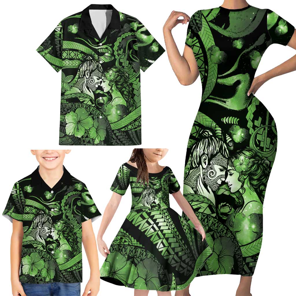 Personalised Maori Romantic Valentine Family Matching Short Sleeve Bodycon Dress and Hawaiian Shirt The Hongi Kiss Green Galaxy