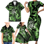 Personalised Maori Romantic Valentine Family Matching Short Sleeve Bodycon Dress and Hawaiian Shirt The Hongi Kiss Green Galaxy