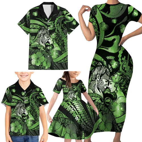 Personalised Maori Romantic Valentine Family Matching Short Sleeve Bodycon Dress and Hawaiian Shirt The Hongi Kiss Green Galaxy