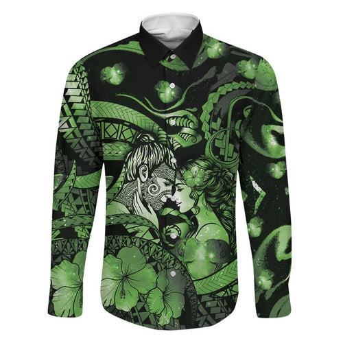 Personalised Maori Romantic Valentine Family Matching Short Sleeve Bodycon Dress and Hawaiian Shirt The Hongi Kiss Green Galaxy