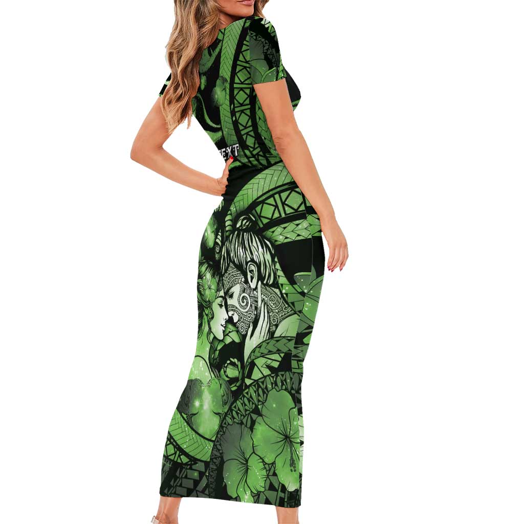 Personalised Maori Romantic Valentine Family Matching Short Sleeve Bodycon Dress and Hawaiian Shirt The Hongi Kiss Green Galaxy