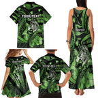 Personalised Maori Romantic Valentine Family Matching Tank Maxi Dress and Hawaiian Shirt The Hongi Kiss Green Galaxy