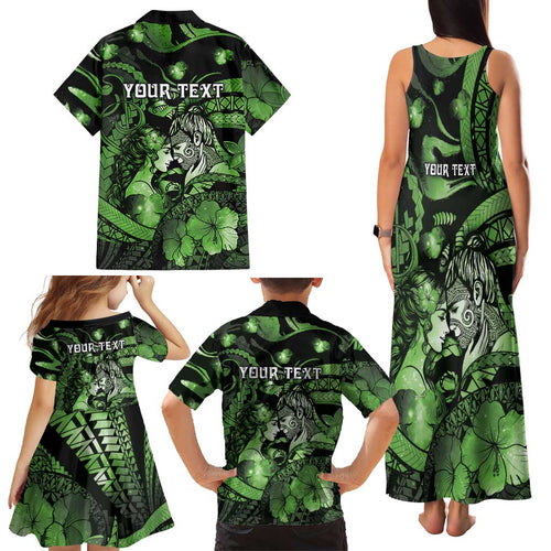 Personalised Maori Romantic Valentine Family Matching Tank Maxi Dress and Hawaiian Shirt The Hongi Kiss Green Galaxy