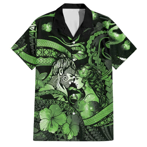 Personalised Maori Romantic Valentine Family Matching Tank Maxi Dress and Hawaiian Shirt The Hongi Kiss Green Galaxy