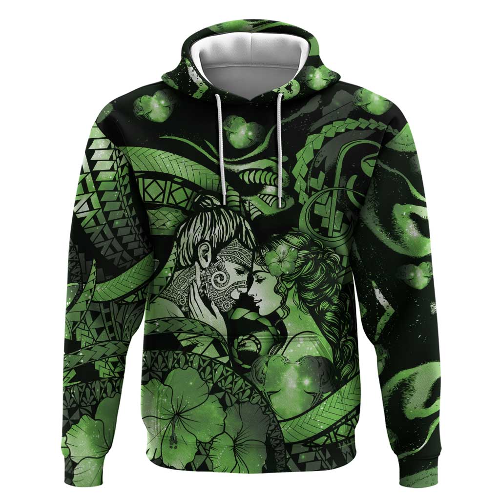 Personalised Maori Romantic Valentine Hoodie The Hongi Kiss Green Galaxy