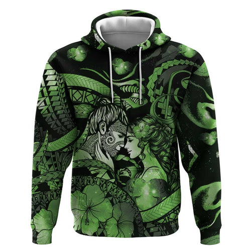 Personalised Maori Romantic Valentine Hoodie The Hongi Kiss Green Galaxy