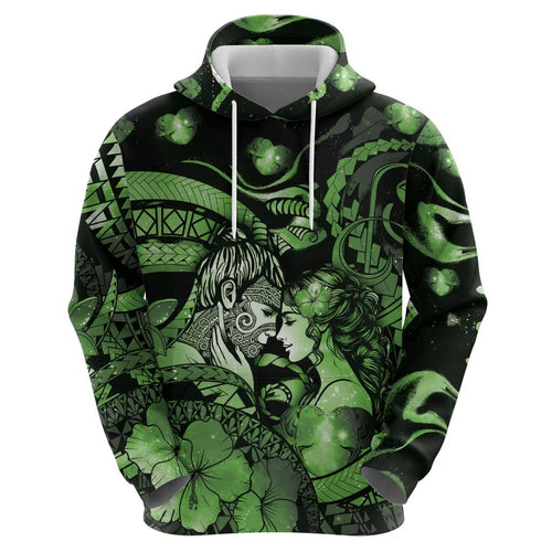 Personalised Maori Romantic Valentine Hoodie The Hongi Kiss Green Galaxy