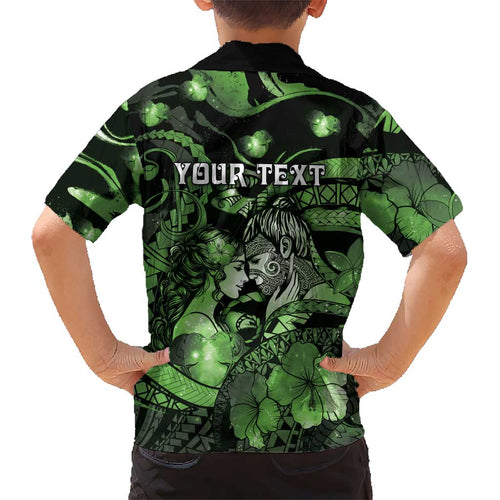 Personalised Maori Romantic Valentine Kid Hawaiian Shirt The Hongi Kiss Green Galaxy