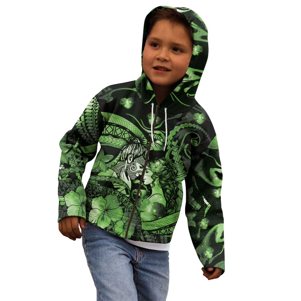 Personalised Maori Romantic Valentine Kid Hoodie The Hongi Kiss Green Galaxy