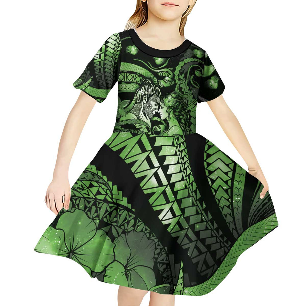 Personalised Maori Romantic Valentine Kid Short Sleeve Dress The Hongi Kiss Green Galaxy