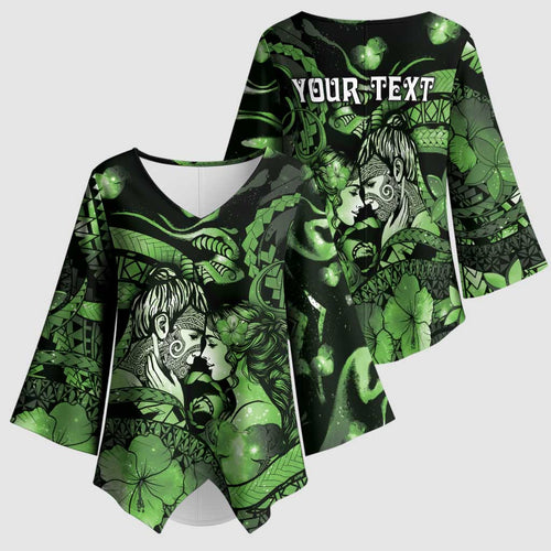 Personalised Maori Romantic Valentine Kimono Sleeve Blouse The Hongi Kiss Green Galaxy