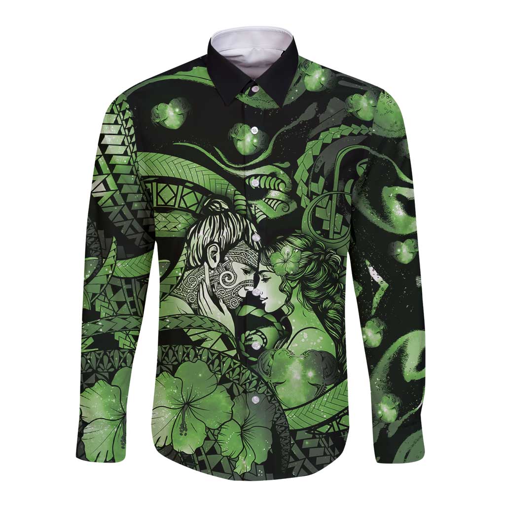 Personalised Maori Romantic Valentine Long Sleeve Button Shirt The Hongi Kiss Green Galaxy