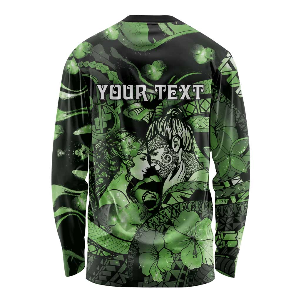 Personalised Maori Romantic Valentine Long Sleeve Shirt The Hongi Kiss Green Galaxy