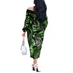 Personalised Maori Romantic Valentine Off The Shoulder Long Sleeve Dress The Hongi Kiss Green Galaxy