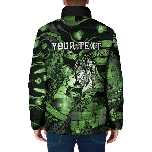 Personalised Maori Romantic Valentine Padded Jacket The Hongi Kiss Green Galaxy