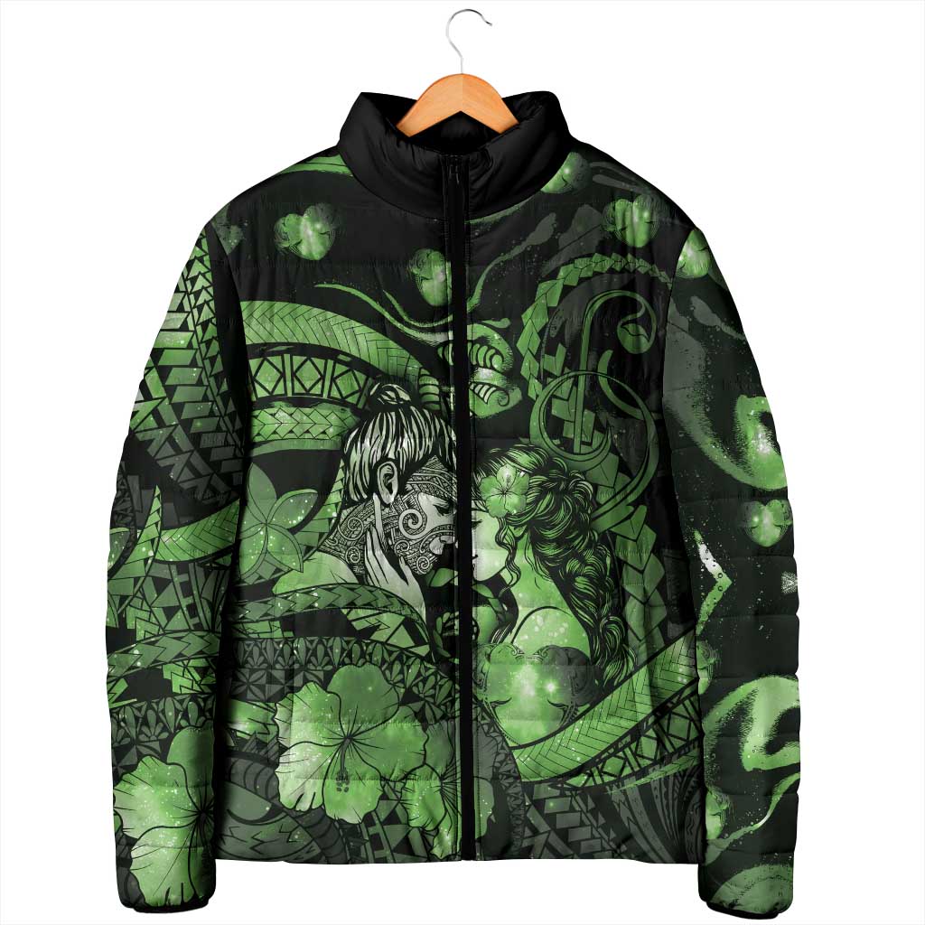 Personalised Maori Romantic Valentine Padded Jacket The Hongi Kiss Green Galaxy