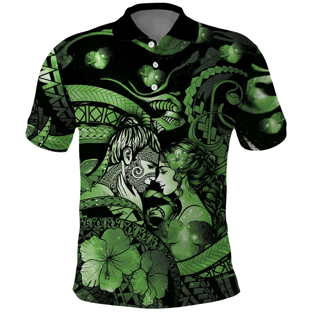 Personalised Maori Romantic Valentine Polo Shirt The Hongi Kiss Green Galaxy